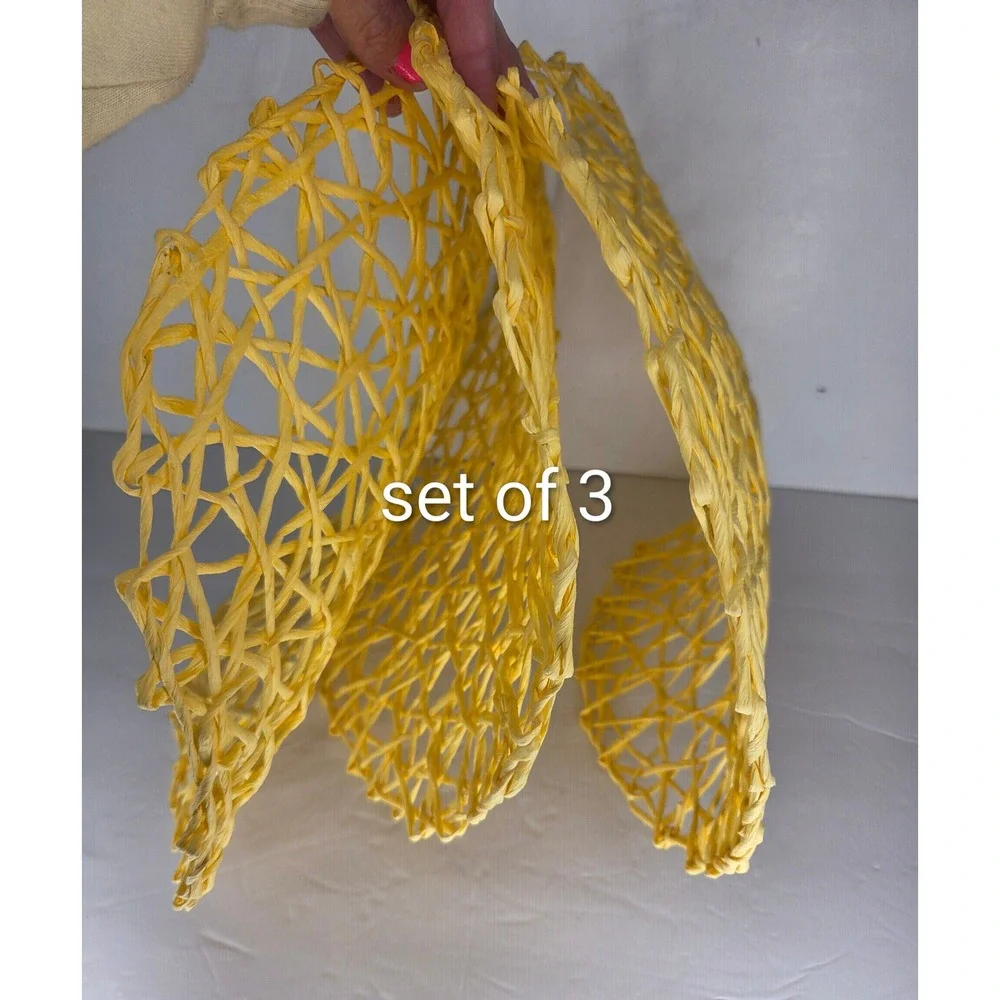Set of 3 Round Yellow Woven Paper Placemats 12 Inch Circular Boho Summer Beach